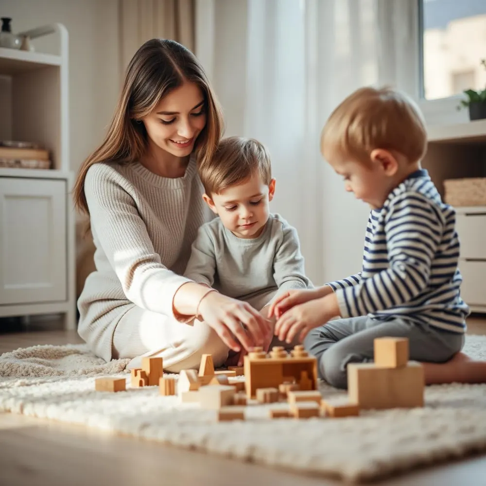 Mãe brincando com criança autista usando peças de madeira em casa